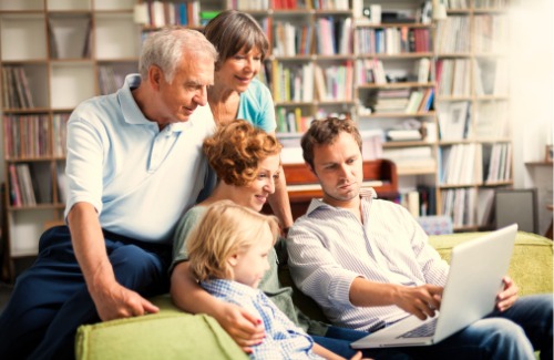 multi-generational family in a library